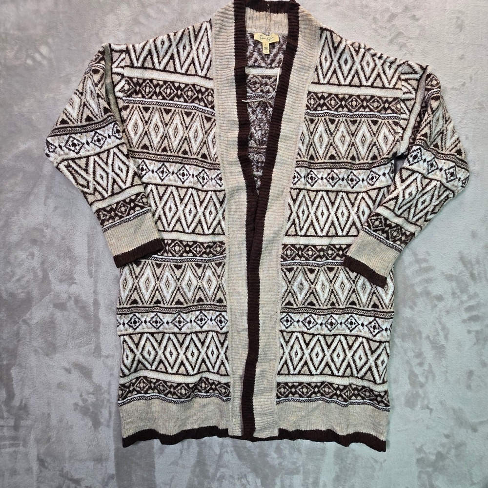Jessica Simpson Geometric Fair Isle Open Front Cardigan Brown Tan L JS23M-4157